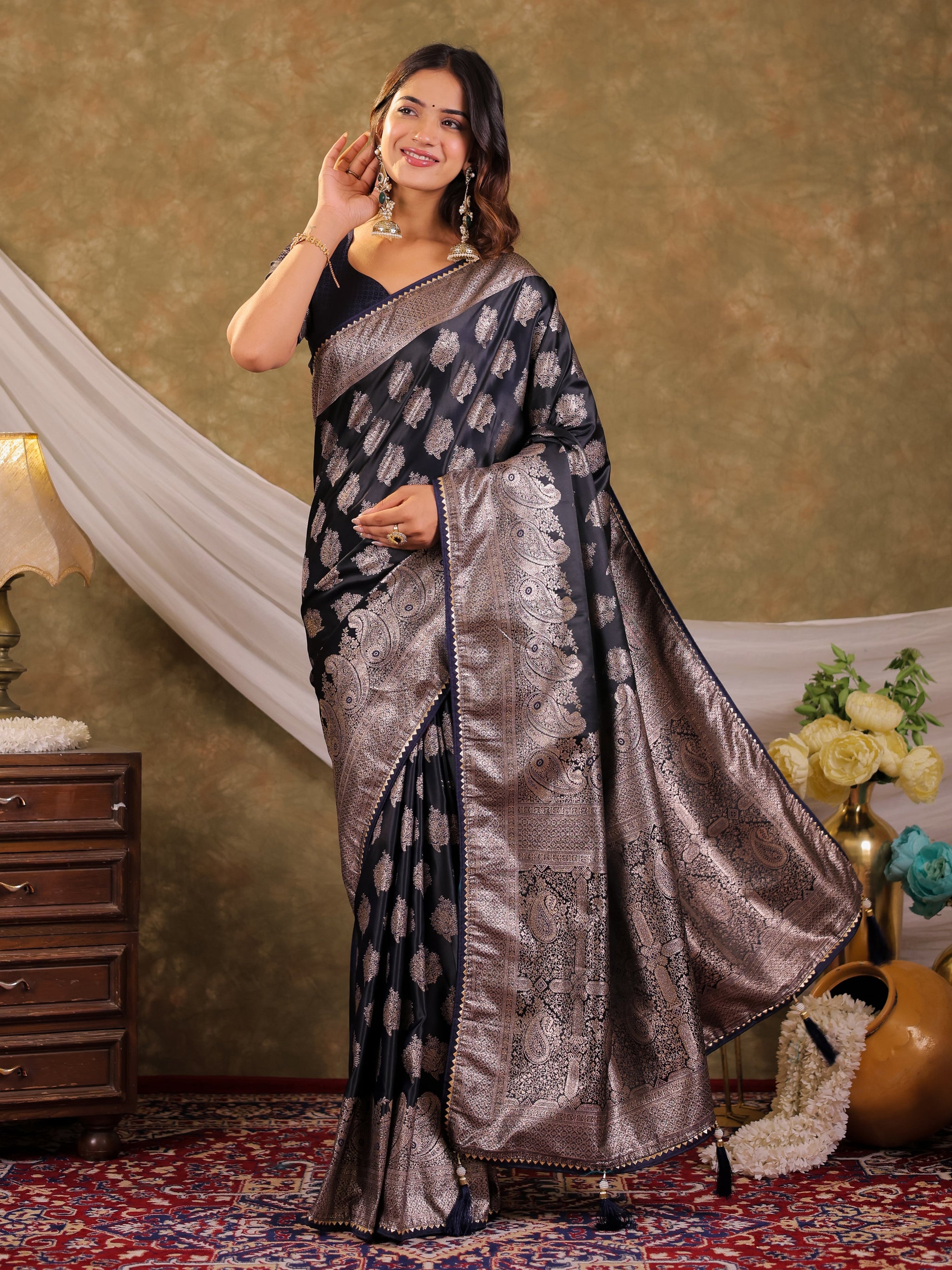 Dark Navy Blue Kanjivaram Banarasi Satin Silk Saree with Intricate Silver Zari Weaving, Royal Heritage Pallu & Tassel Detailing