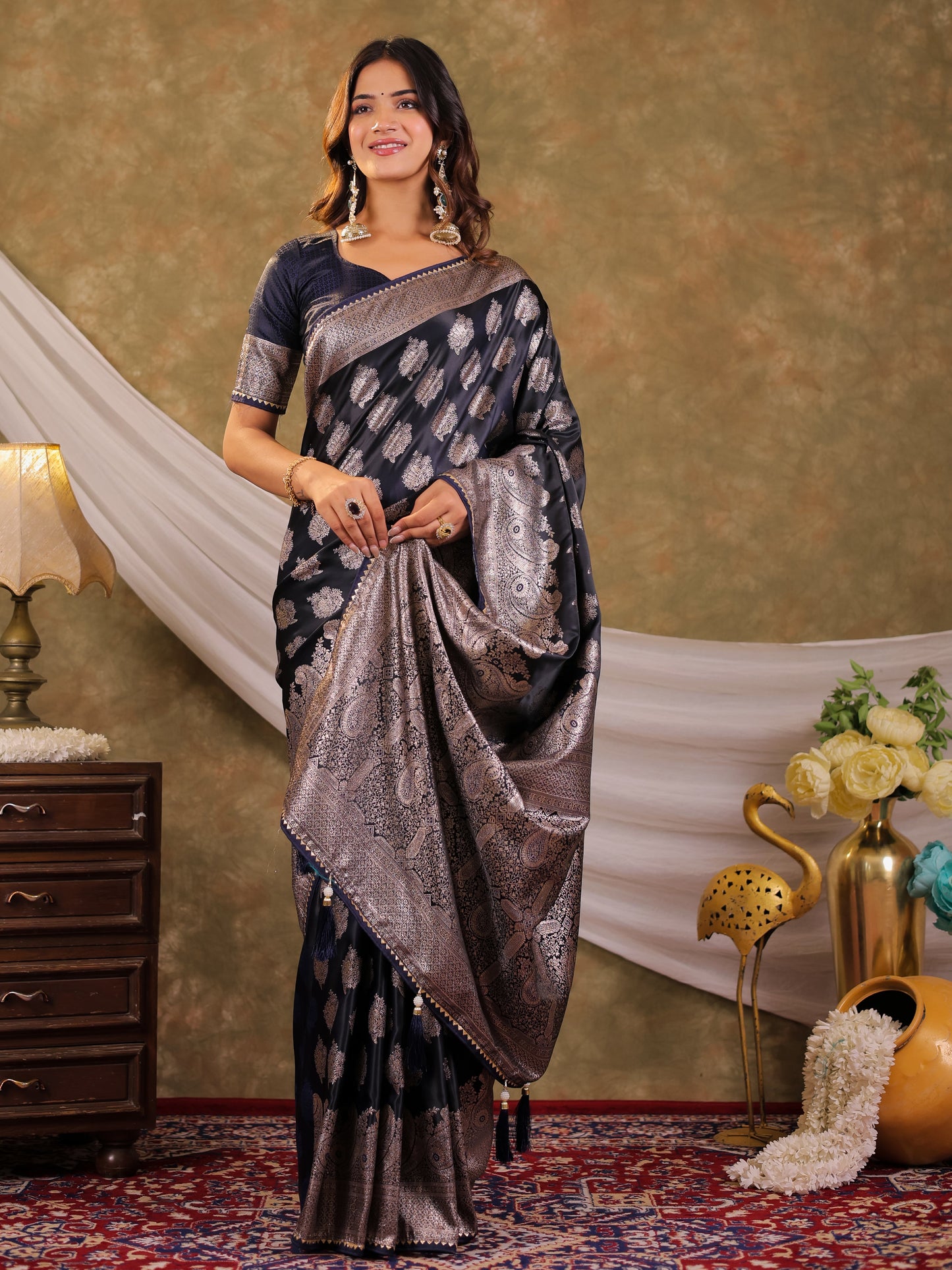 Dark Navy Blue Kanjivaram Banarasi Satin Silk Saree with Intricate Silver Zari Weaving, Royal Heritage Pallu & Tassel Detailing