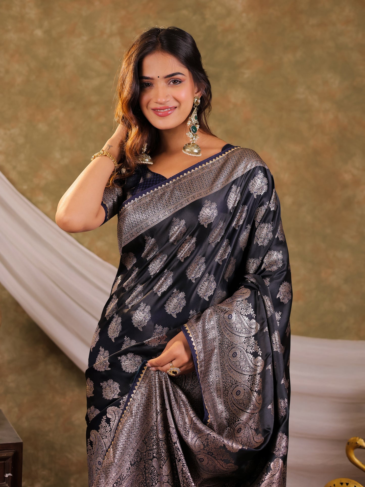 Dark Navy Blue Kanjivaram Banarasi Satin Silk Saree with Intricate Silver Zari Weaving, Royal Heritage Pallu & Tassel Detailing