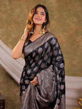 Dark Navy Blue Kanjivaram Banarasi Satin Silk Saree with Intricate Silver Zari Weaving, Royal Heritage Pallu & Tassel Detailing