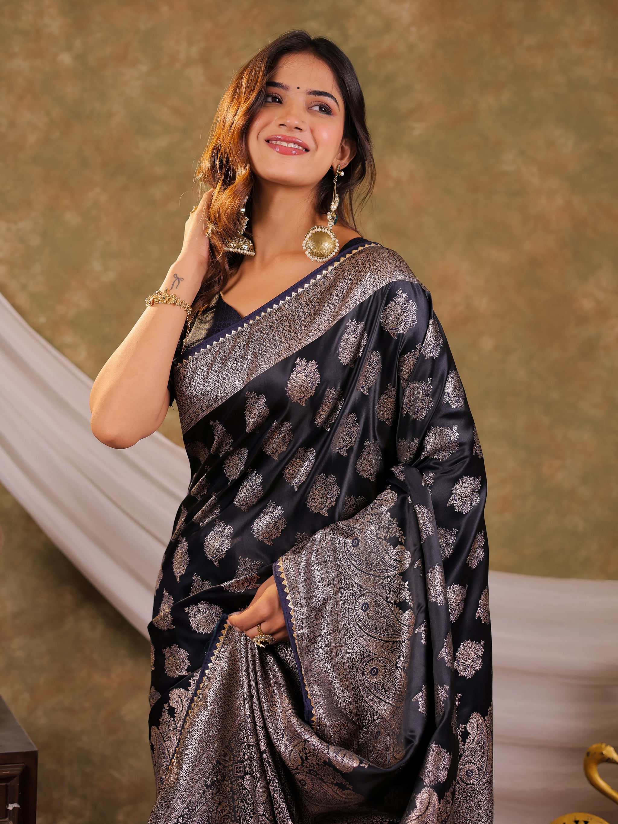 Dark Navy Blue Kanjivaram Banarasi Satin Silk Saree with Intricate Silver Zari Weaving, Royal Heritage Pallu & Tassel Detailing