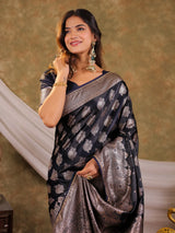 Dark Navy Blue Kanjivaram Banarasi Satin Silk Saree with Intricate Silver Zari Weaving, Royal Heritage Pallu & Tassel Detailing