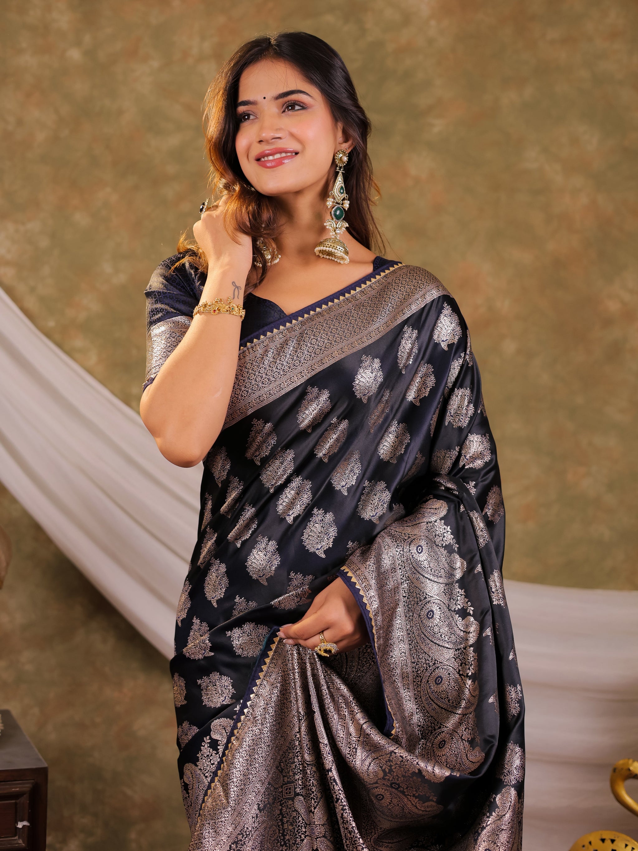 Dark Navy Blue Kanjivaram Banarasi Satin Silk Saree with Intricate Silver Zari Weaving, Royal Heritage Pallu & Tassel Detailing