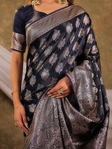 Dark Navy Blue Kanjivaram Banarasi Satin Silk Saree with Intricate Silver Zari Weaving, Royal Heritage Pallu & Tassel Detailing