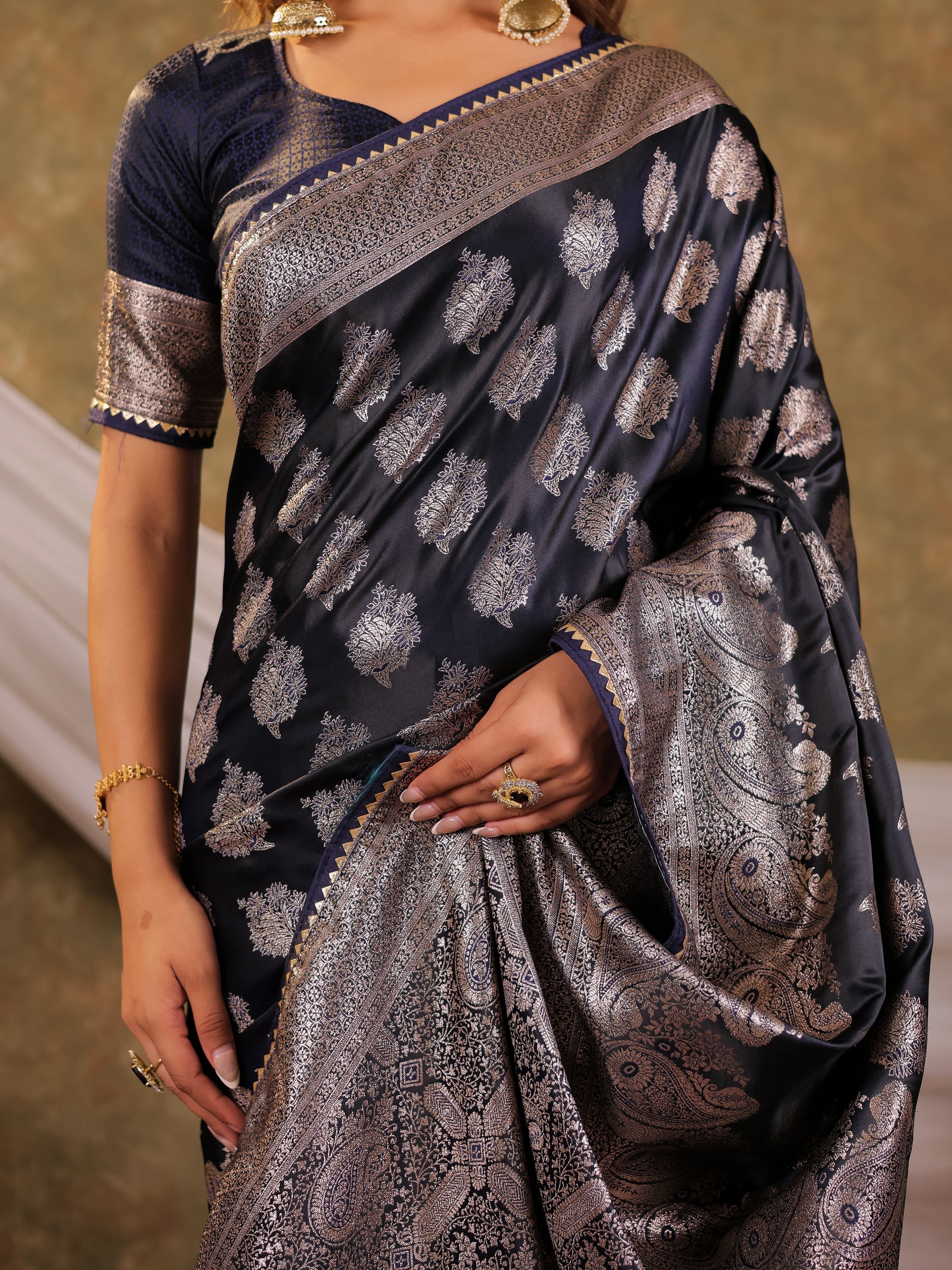 Dark Navy Blue Kanjivaram Banarasi Satin Silk Saree with Intricate Silver Zari Weaving, Royal Heritage Pallu & Tassel Detailing