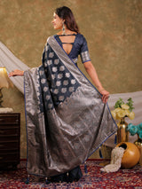 Dark Navy Blue Kanjivaram Banarasi Satin Silk Saree with Intricate Silver Zari Weaving, Royal Heritage Pallu & Tassel Detailing