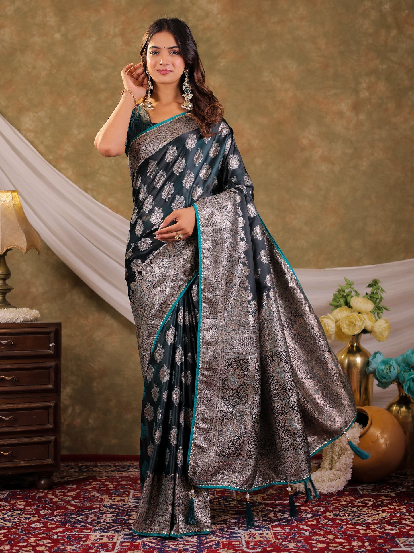 Dark Teal Green Kanjivaram Banarasi Satin Silk Saree with Intricate Silver Zari Weaving, Royal Heritage Pallu & Tassel Detailing