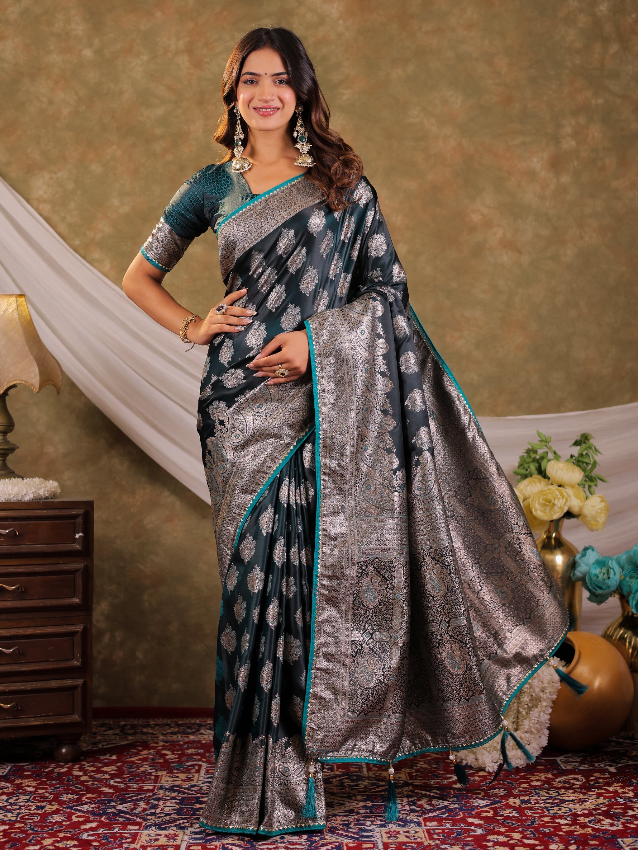 Dark Teal Green Kanjivaram Banarasi Satin Silk Saree with Intricate Silver Zari Weaving, Royal Heritage Pallu & Tassel Detailing