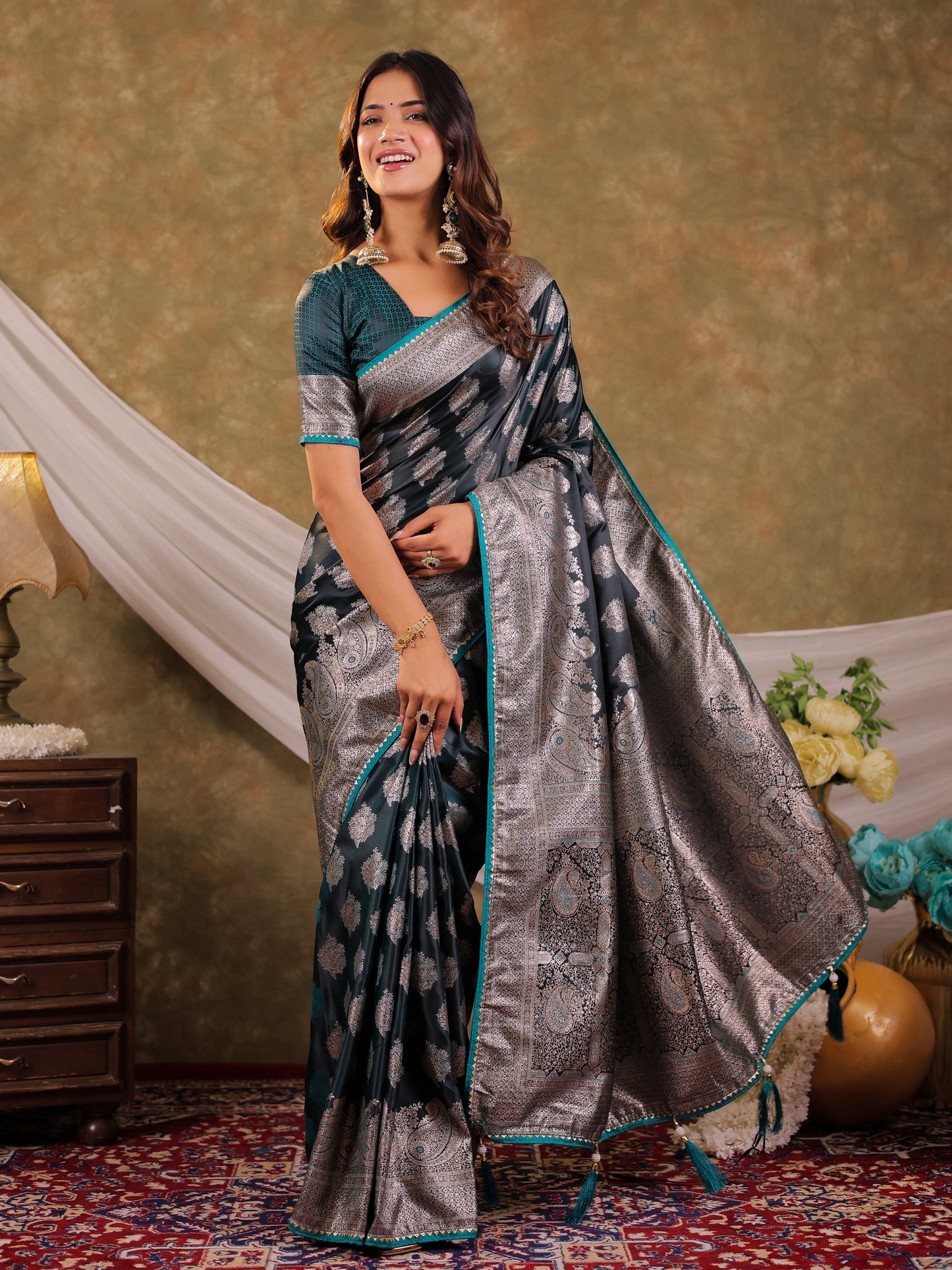 Dark Teal Green Kanjivaram Banarasi Satin Silk Saree with Intricate Silver Zari Weaving, Royal Heritage Pallu & Tassel Detailing