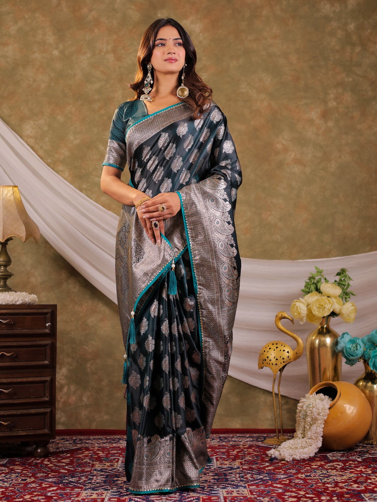 Dark Teal Green Kanjivaram Banarasi Satin Silk Saree with Intricate Silver Zari Weaving, Royal Heritage Pallu & Tassel Detailing