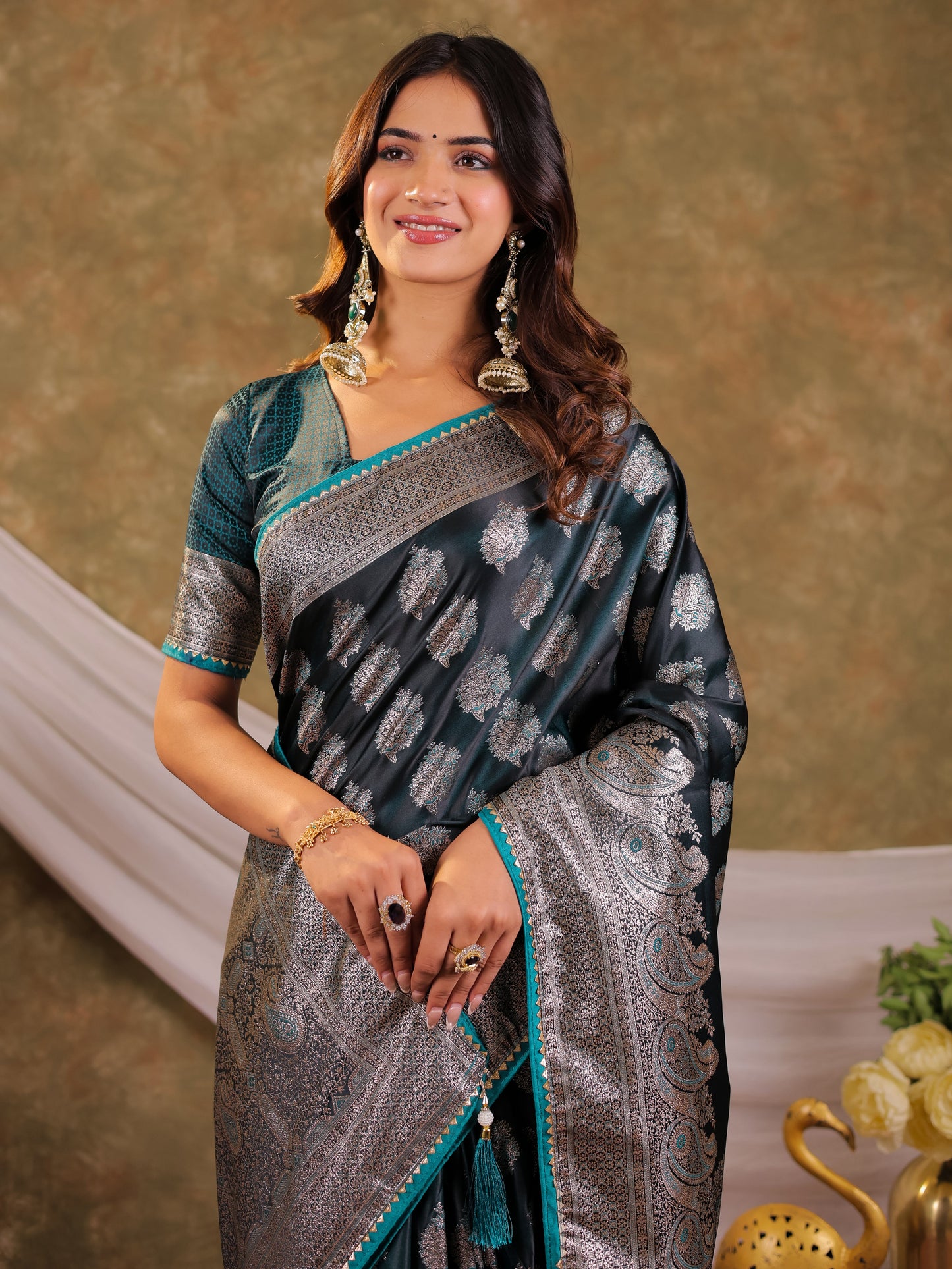 Dark Teal Green Kanjivaram Banarasi Satin Silk Saree with Intricate Silver Zari Weaving, Royal Heritage Pallu & Tassel Detailing