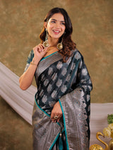 Dark Teal Green Kanjivaram Banarasi Satin Silk Saree with Intricate Silver Zari Weaving, Royal Heritage Pallu & Tassel Detailing