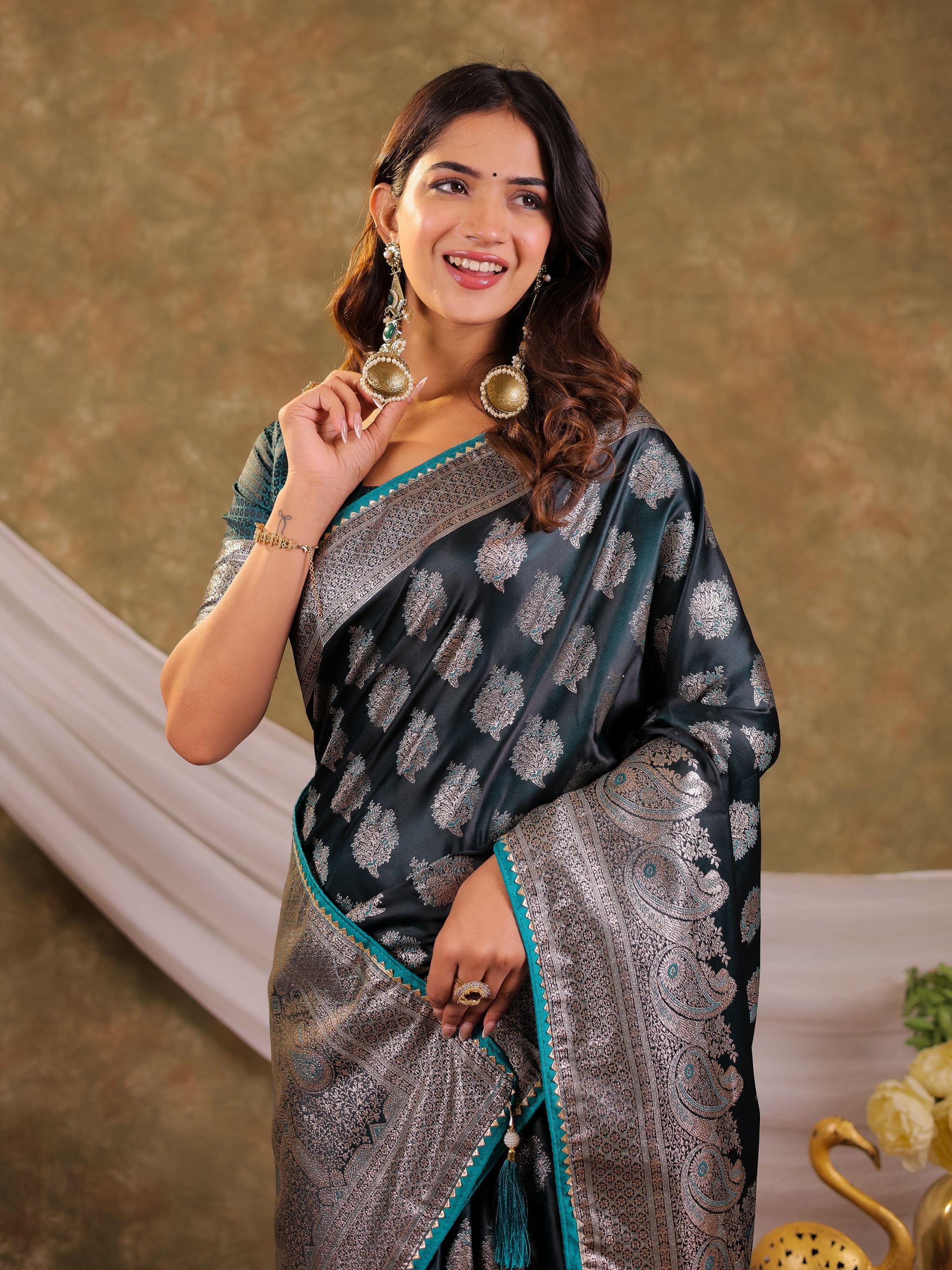 Dark Teal Green Kanjivaram Banarasi Satin Silk Saree with Intricate Silver Zari Weaving, Royal Heritage Pallu & Tassel Detailing