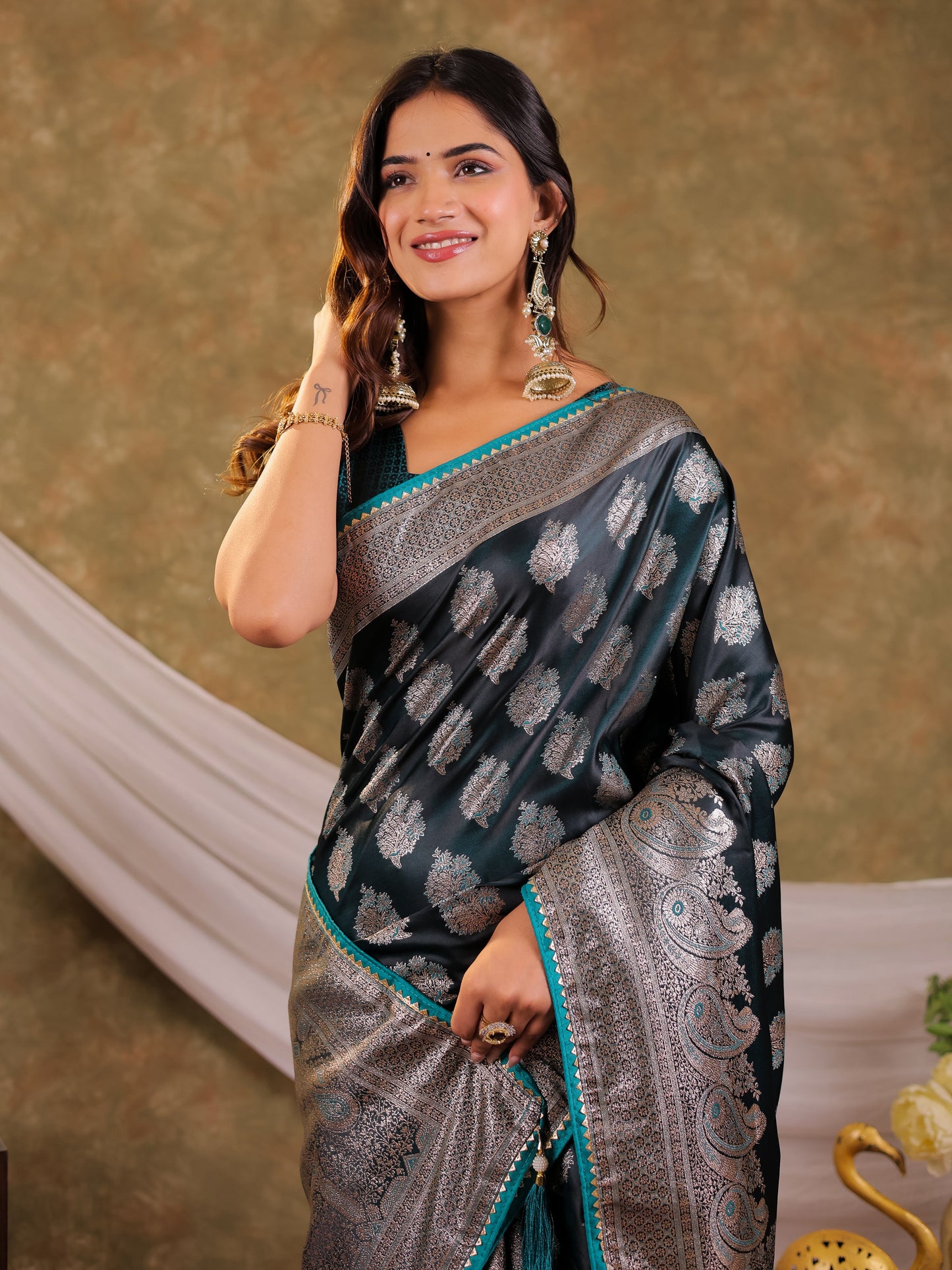 Dark Teal Green Kanjivaram Banarasi Satin Silk Saree with Intricate Silver Zari Weaving, Royal Heritage Pallu & Tassel Detailing