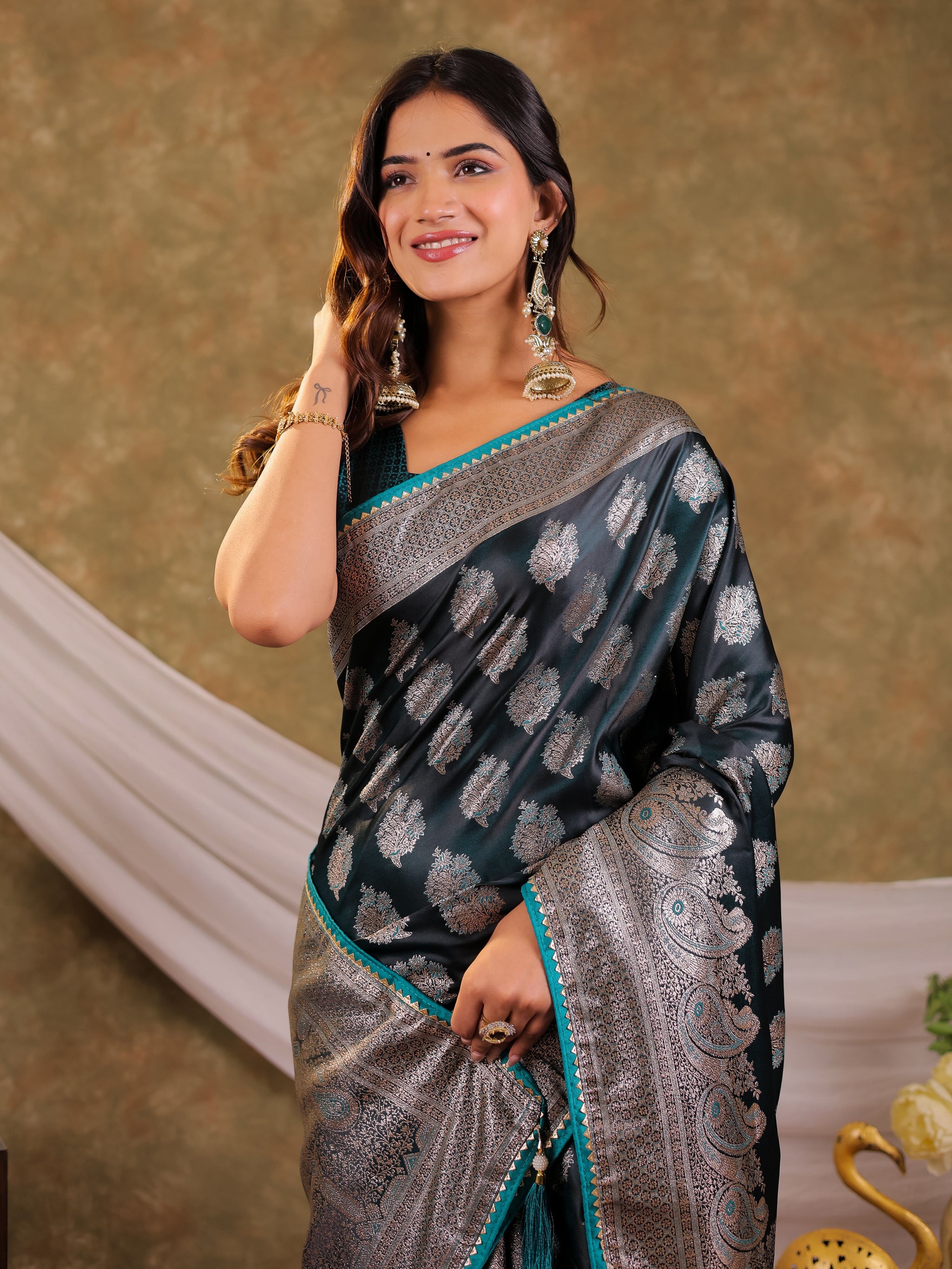 Dark Teal Green Kanjivaram Banarasi Satin Silk Saree with Intricate Silver Zari Weaving, Royal Heritage Pallu & Tassel Detailing