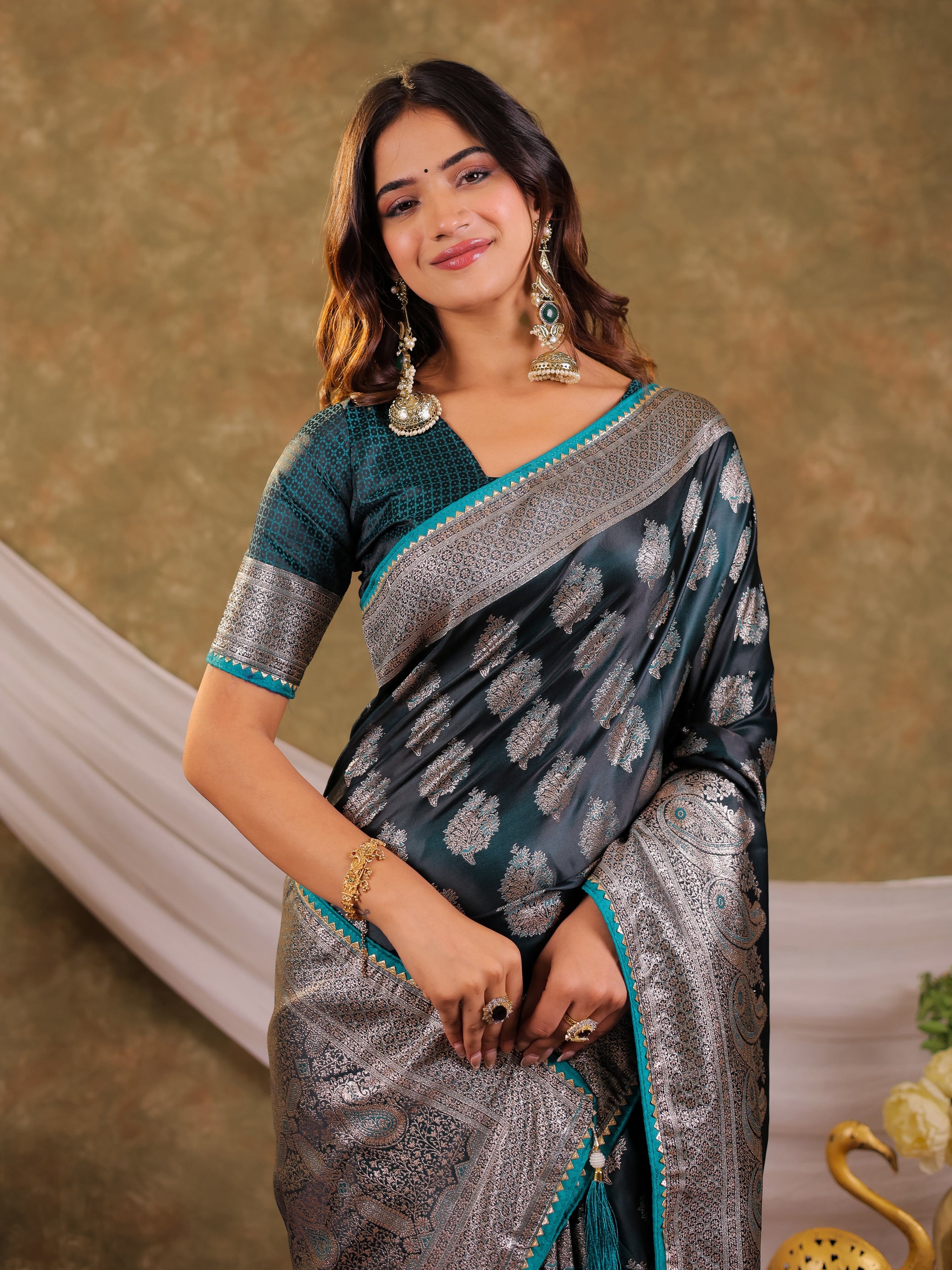 Dark Teal Green Kanjivaram Banarasi Satin Silk Saree with Intricate Silver Zari Weaving, Royal Heritage Pallu & Tassel Detailing