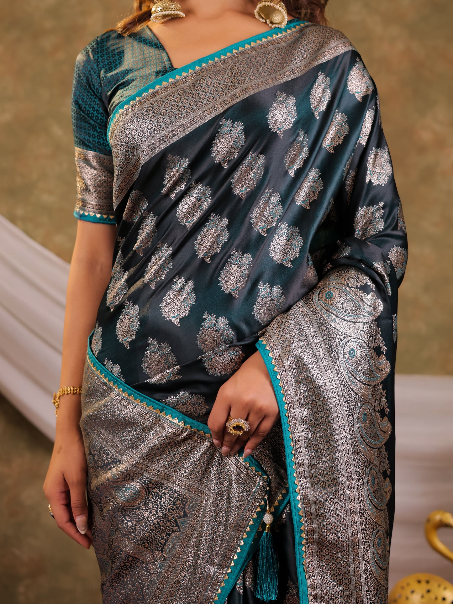 Dark Teal Green Kanjivaram Banarasi Satin Silk Saree with Intricate Silver Zari Weaving, Royal Heritage Pallu & Tassel Detailing