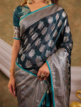 Dark Teal Green Kanjivaram Banarasi Satin Silk Saree with Intricate Silver Zari Weaving, Royal Heritage Pallu & Tassel Detailing