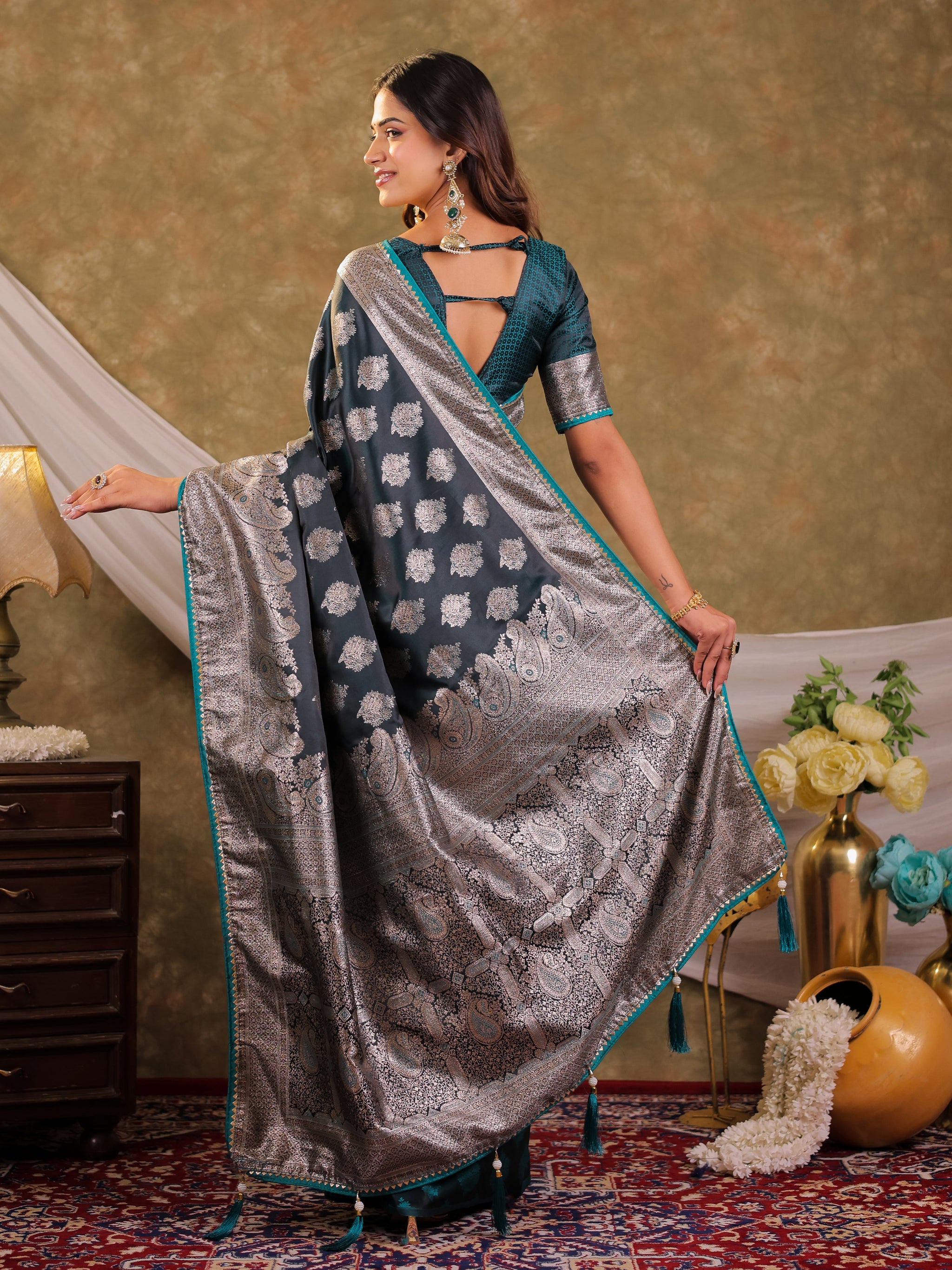 Dark Teal Green Kanjivaram Banarasi Satin Silk Saree with Intricate Silver Zari Weaving, Royal Heritage Pallu & Tassel Detailing