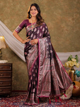 Wine Purple Kanjivaram Banarasi Satin Silk Saree with Intricate Silver Zari Weaving, Royal Heritage Pallu & Tassel Detailing