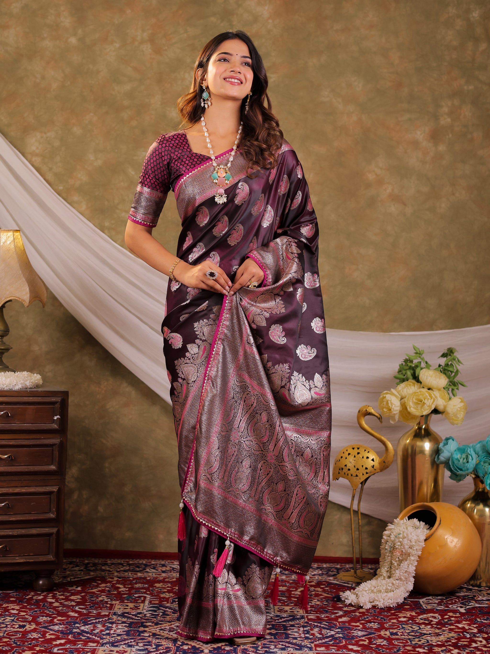 Wine Purple Kanjivaram Banarasi Satin Silk Saree with Intricate Silver Zari Weaving, Royal Heritage Pallu & Tassel Detailing