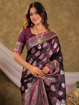 Wine Purple Kanjivaram Banarasi Satin Silk Saree with Intricate Silver Zari Weaving, Royal Heritage Pallu & Tassel Detailing