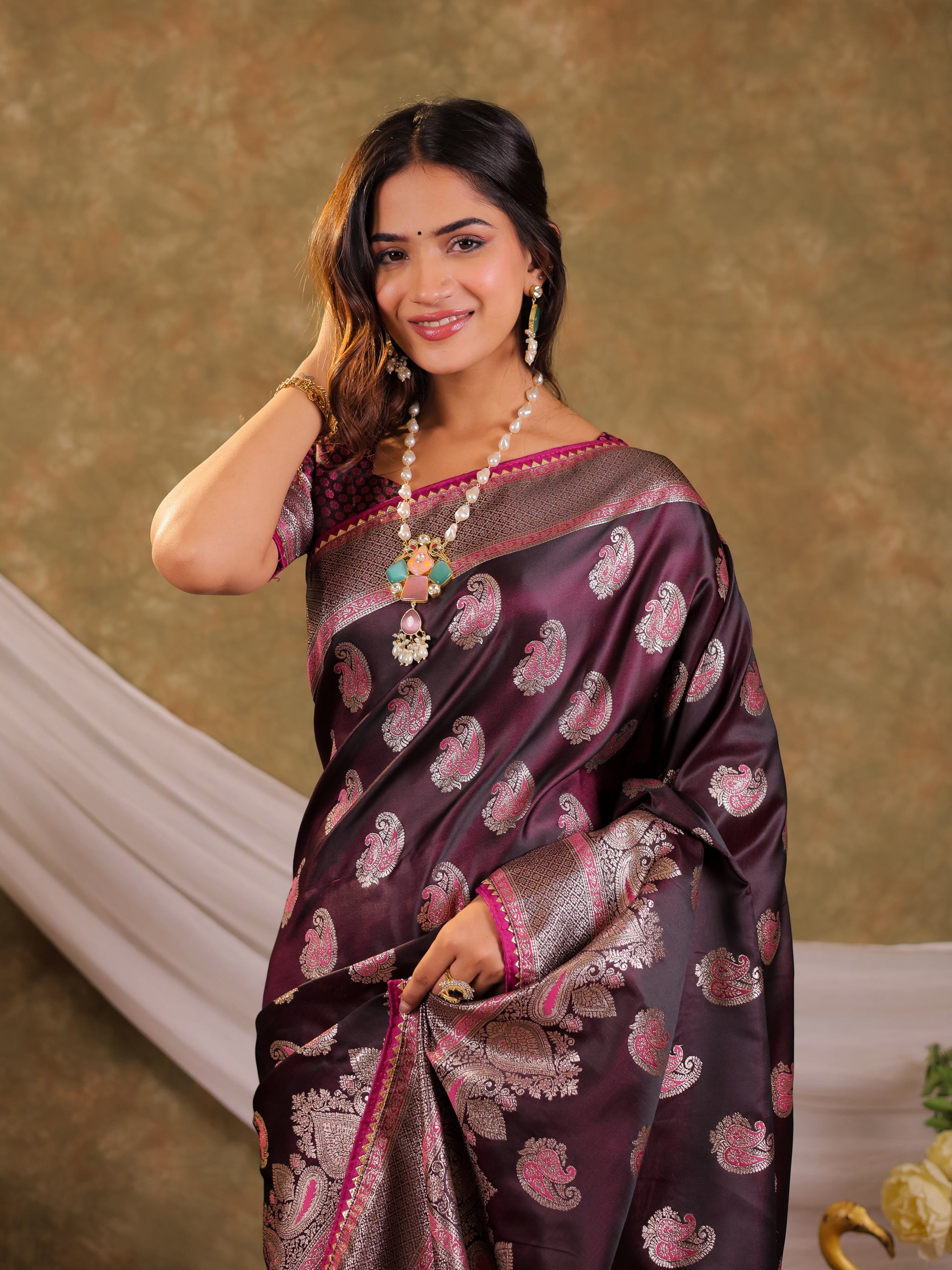 Wine Purple Kanjivaram Banarasi Satin Silk Saree with Intricate Silver Zari Weaving, Royal Heritage Pallu & Tassel Detailing