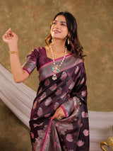 Wine Purple Kanjivaram Banarasi Satin Silk Saree with Intricate Silver Zari Weaving, Royal Heritage Pallu & Tassel Detailing