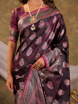 Wine Purple Kanjivaram Banarasi Satin Silk Saree with Intricate Silver Zari Weaving, Royal Heritage Pallu & Tassel Detailing
