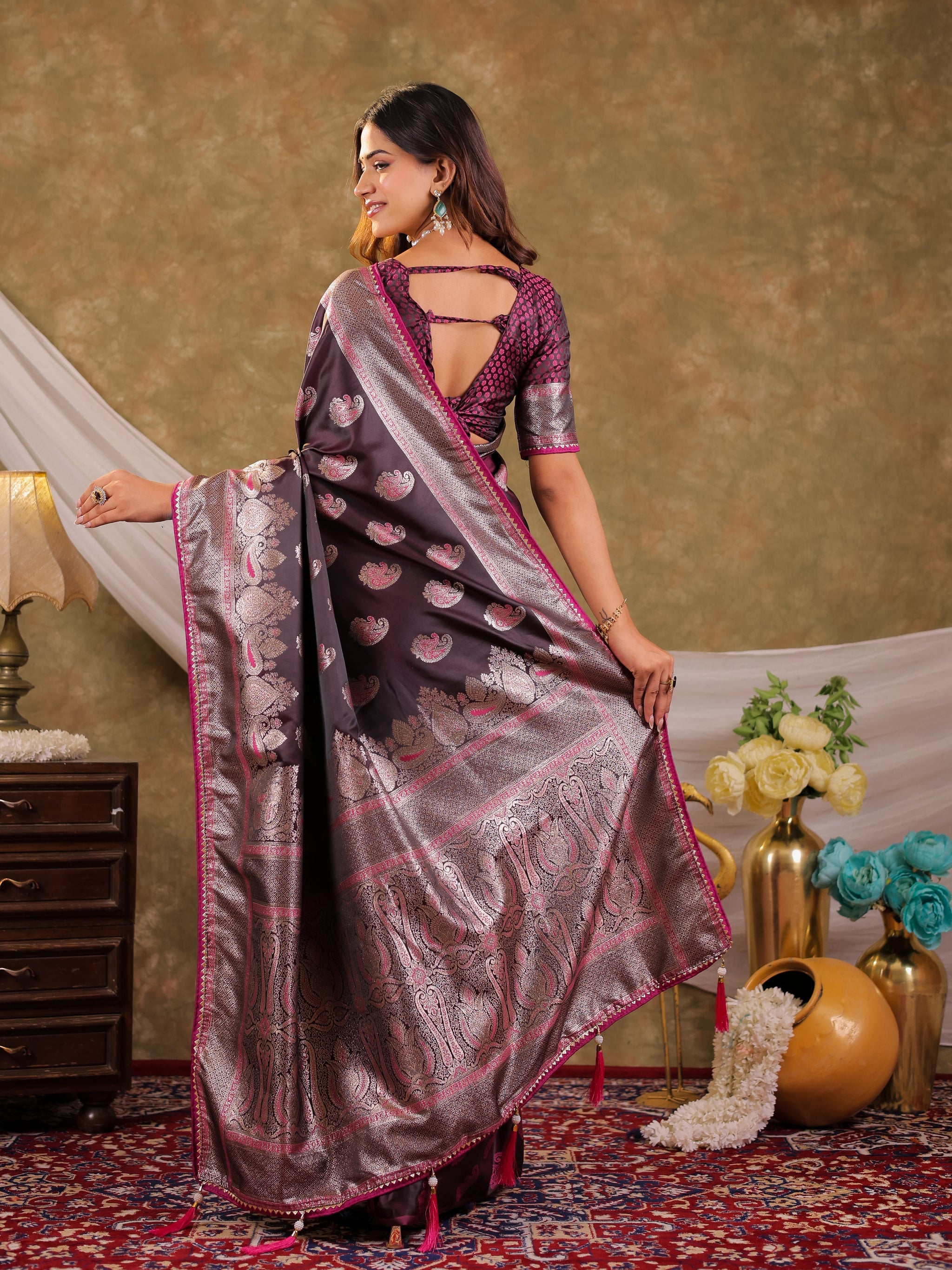 Wine Purple Kanjivaram Banarasi Satin Silk Saree with Intricate Silver Zari Weaving, Royal Heritage Pallu & Tassel Detailing