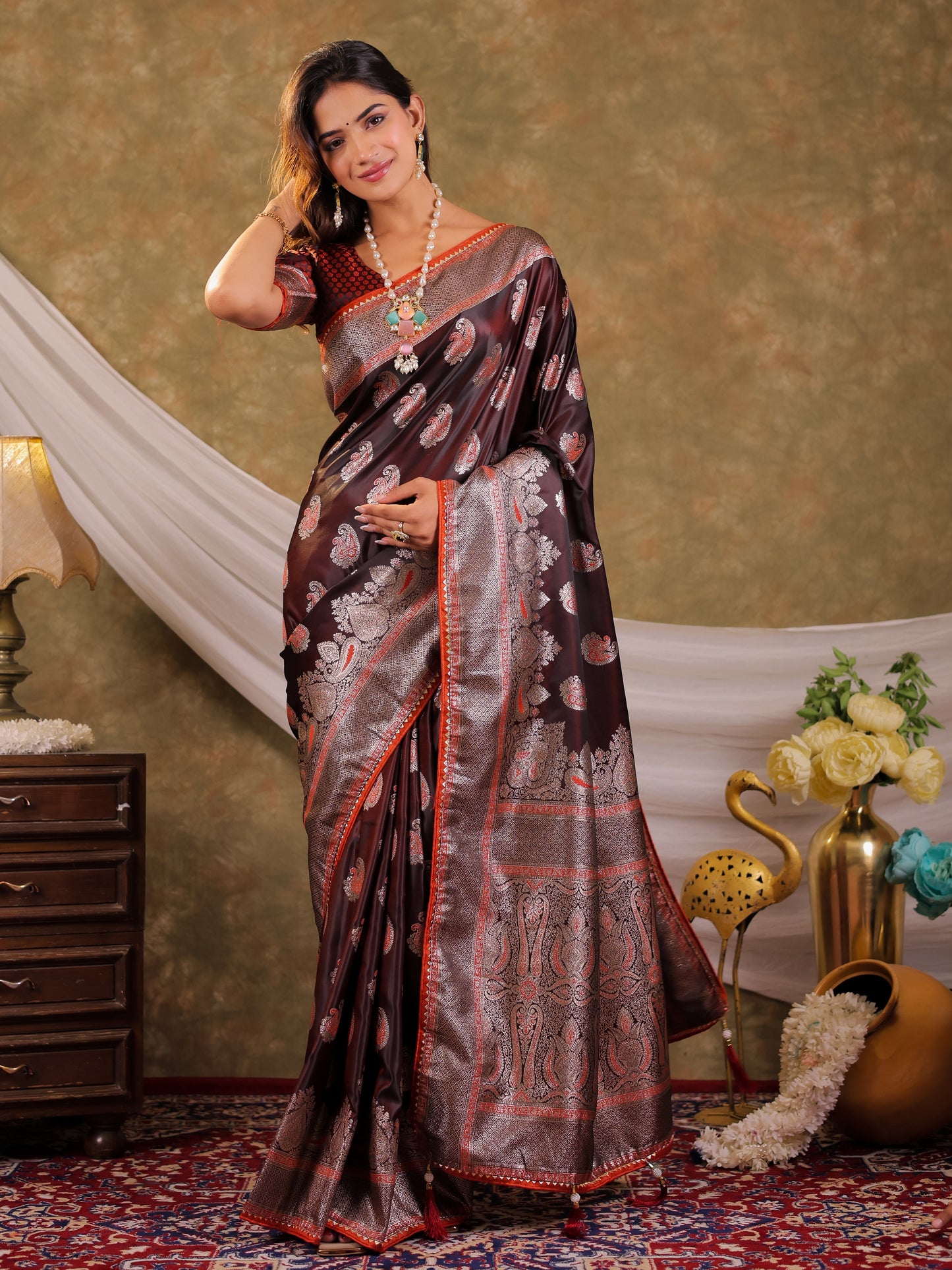 Coffee Brown Kanjivaram Banarasi Satin Silk Saree with Silver Zari Weaving, Designer Heritage Pallu & Tassel Detailing