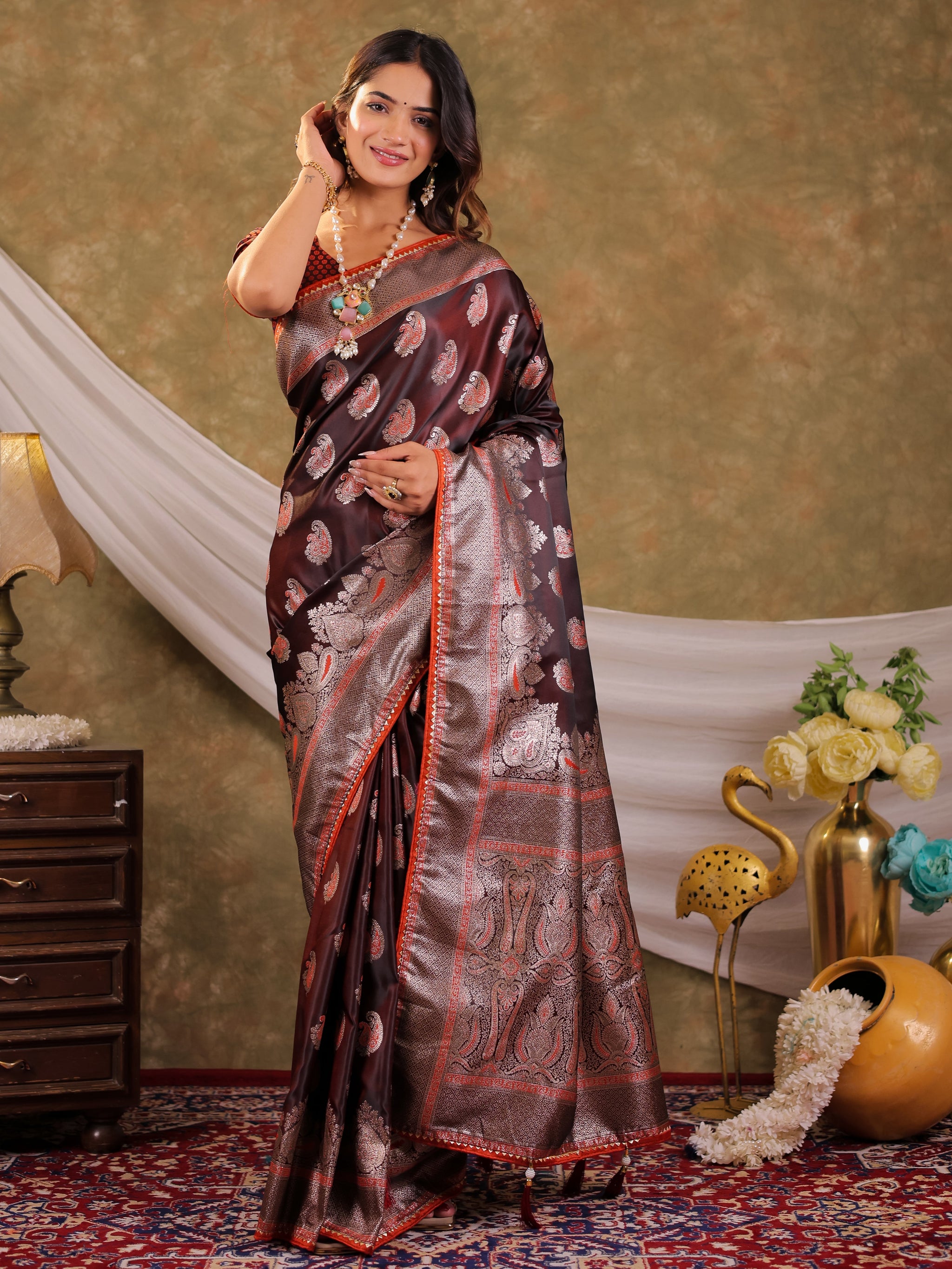 Coffee Brown Kanjivaram Banarasi Satin Silk Saree with Silver Zari Weaving, Designer Heritage Pallu & Tassel Detailing