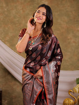 Coffee Brown Kanjivaram Banarasi Satin Silk Saree with Silver Zari Weaving, Designer Heritage Pallu & Tassel Detailing