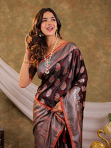 Coffee Brown Kanjivaram Banarasi Satin Silk Saree with Silver Zari Weaving, Designer Heritage Pallu & Tassel Detailing