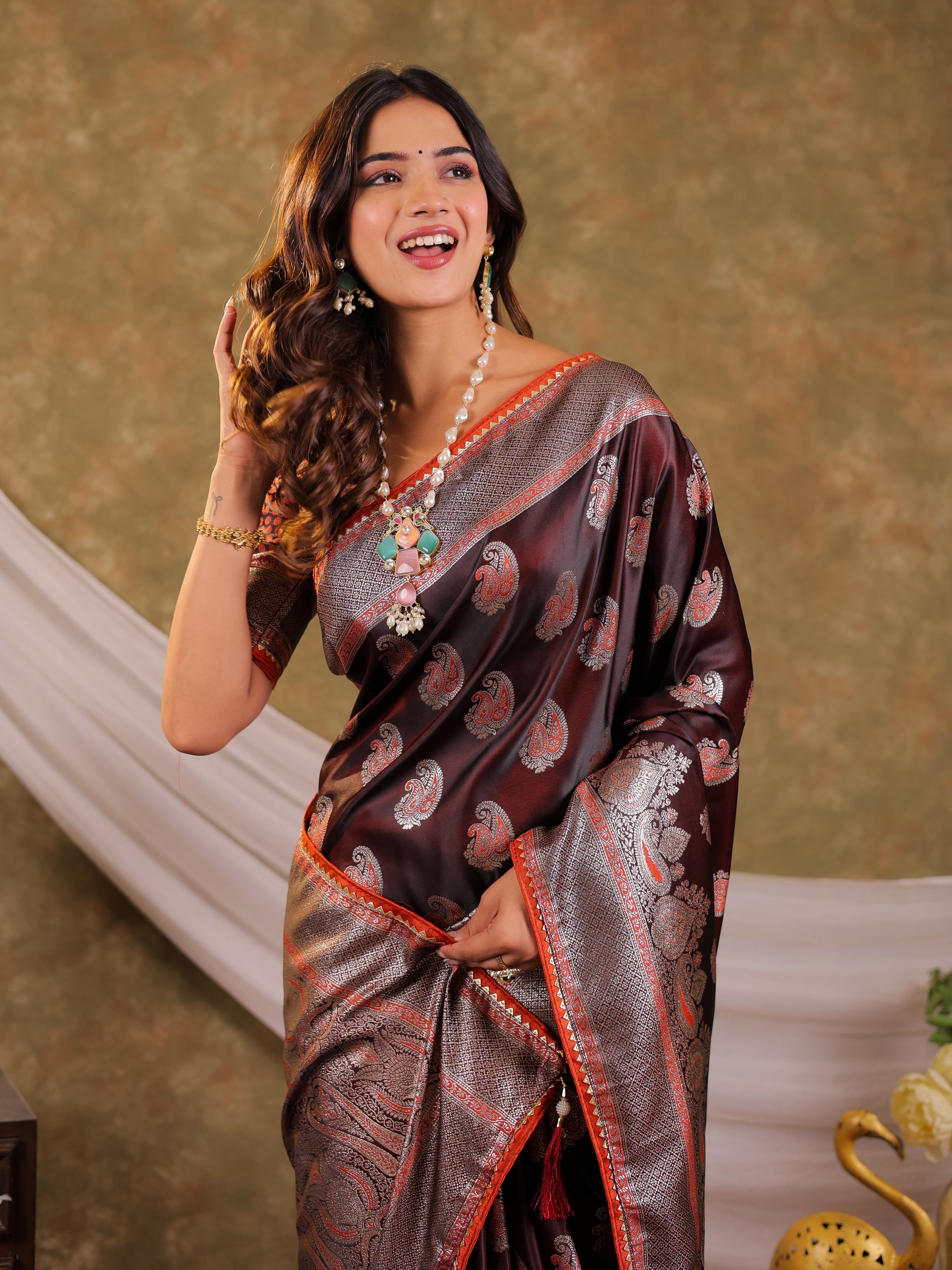 Coffee Brown Kanjivaram Banarasi Satin Silk Saree with Silver Zari Weaving, Designer Heritage Pallu & Tassel Detailing