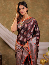 Coffee Brown Kanjivaram Banarasi Satin Silk Saree with Silver Zari Weaving, Designer Heritage Pallu & Tassel Detailing