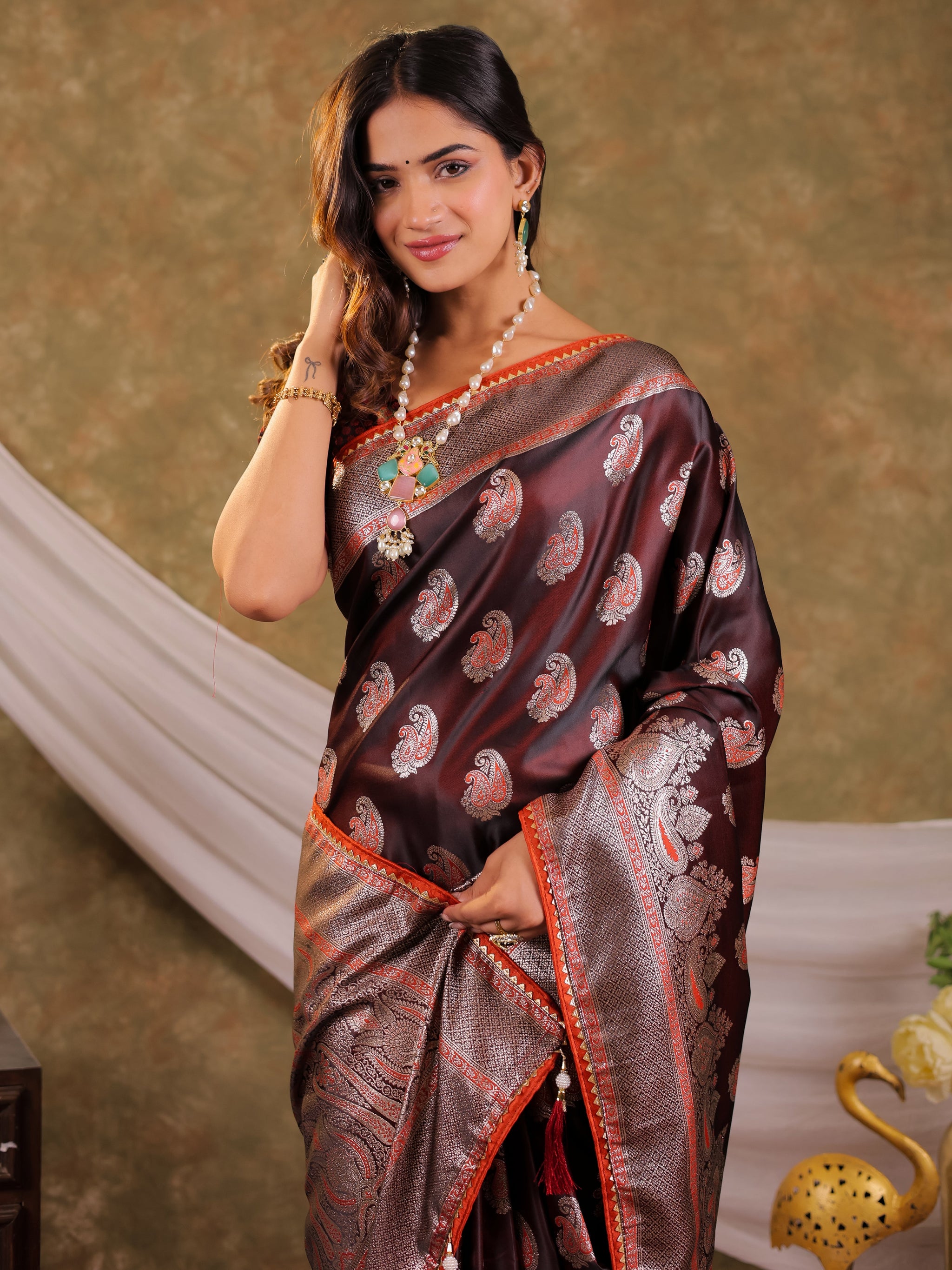 Coffee Brown Kanjivaram Banarasi Satin Silk Saree with Silver Zari Weaving, Designer Heritage Pallu & Tassel Detailing