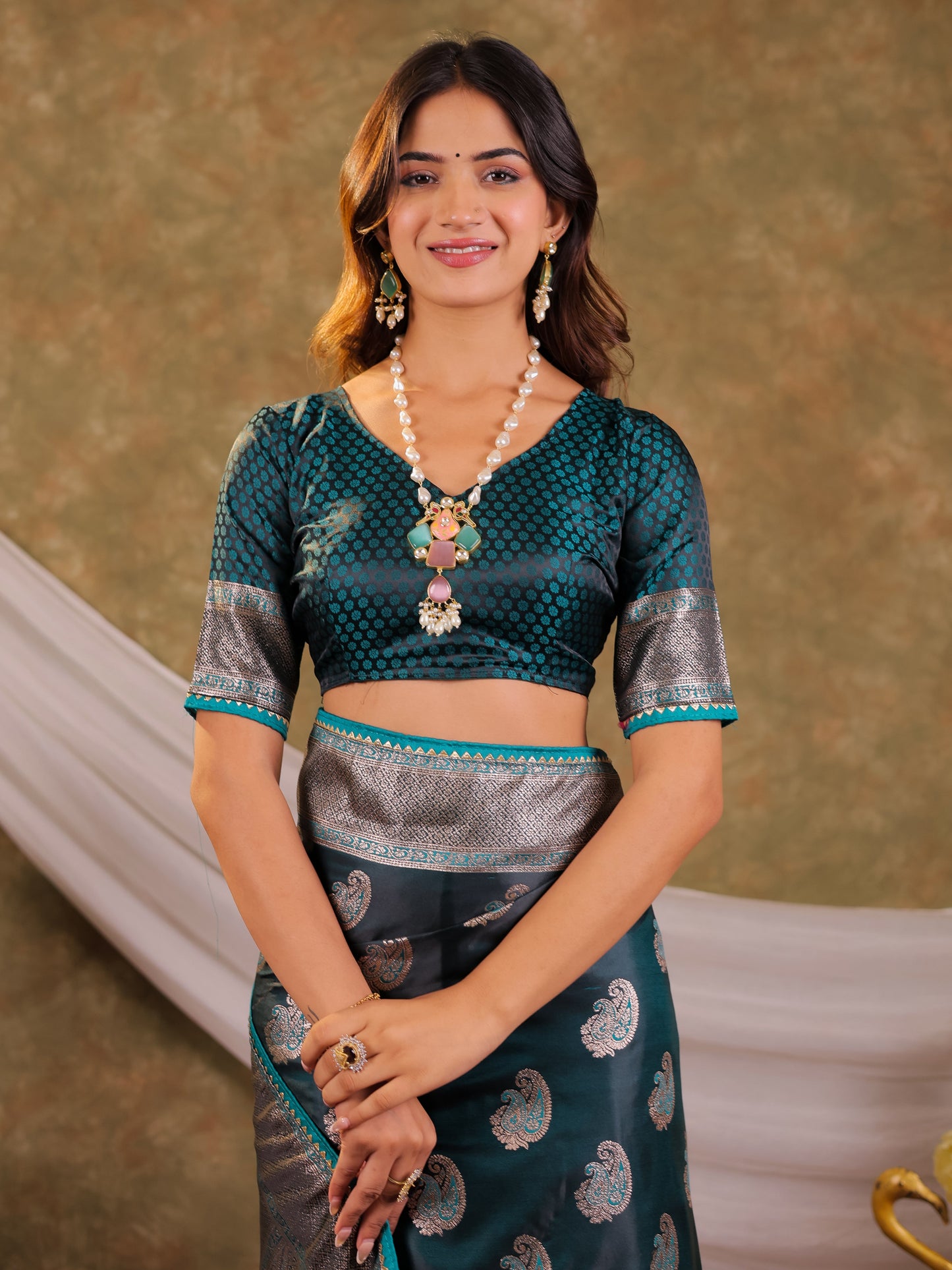 Dark Teal Green Kanjivaram Banarasi Satin Silk Saree with Intricate Silver Zari Weaving, Royal Heritage Pallu & Tassel Detailing
