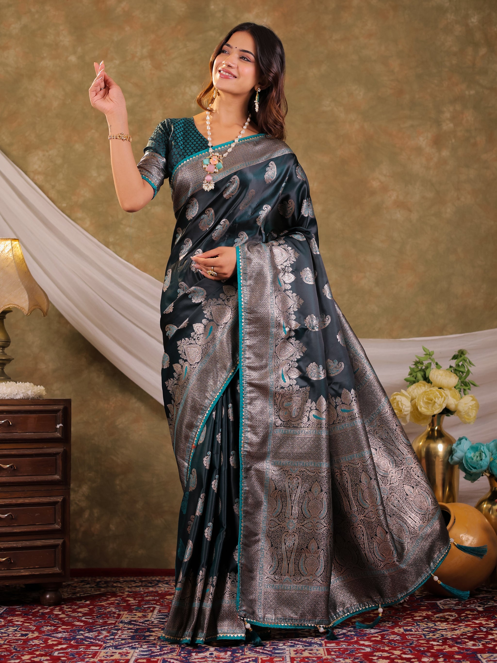 Dark Teal Green Kanjivaram Banarasi Satin Silk Saree with Intricate Silver Zari Weaving, Royal Heritage Pallu & Tassel Detailing