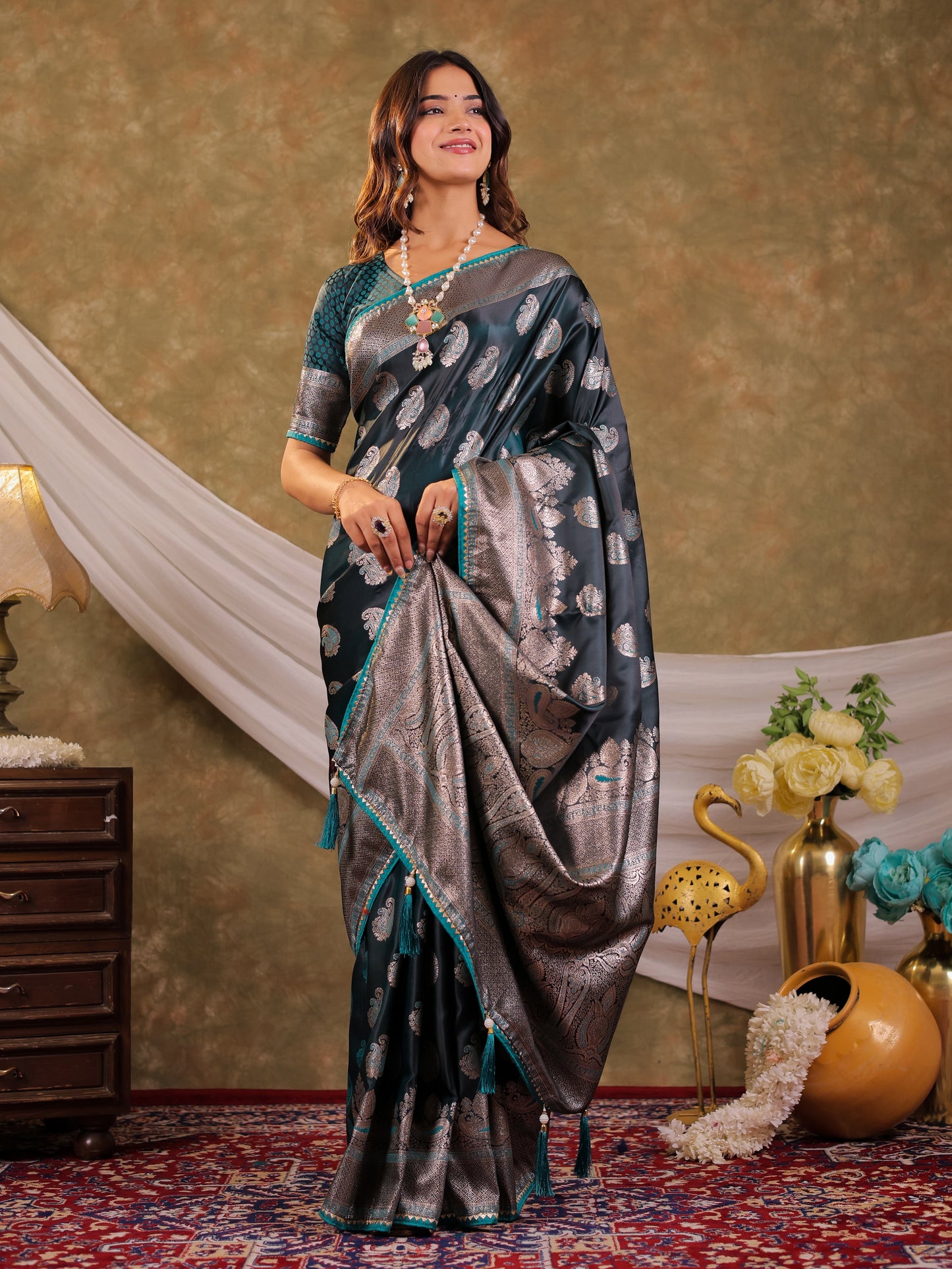 Dark Teal Green Kanjivaram Banarasi Satin Silk Saree with Intricate Silver Zari Weaving, Royal Heritage Pallu & Tassel Detailing