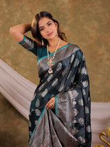 Dark Teal Green Kanjivaram Banarasi Satin Silk Saree with Intricate Silver Zari Weaving, Royal Heritage Pallu & Tassel Detailing