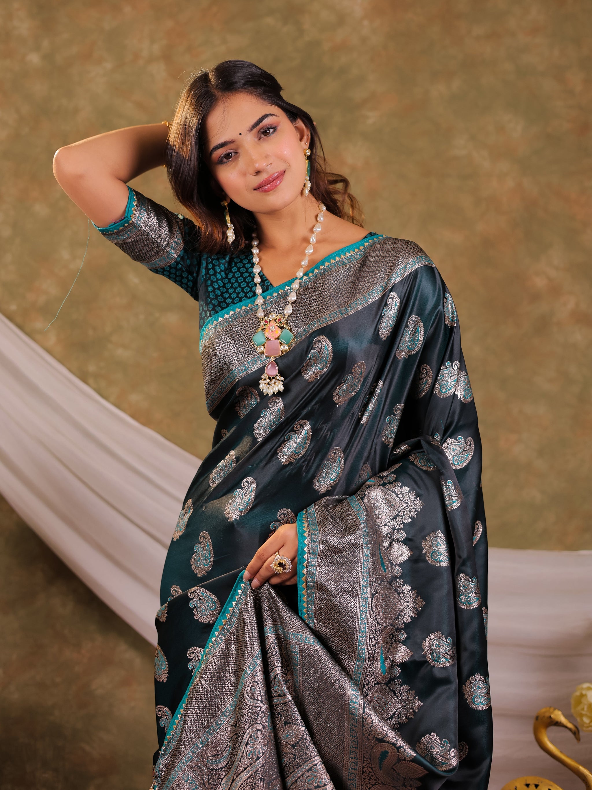 Dark Teal Green Kanjivaram Banarasi Satin Silk Saree with Intricate Silver Zari Weaving, Royal Heritage Pallu & Tassel Detailing