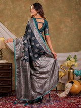 Dark Teal Green Kanjivaram Banarasi Satin Silk Saree with Intricate Silver Zari Weaving, Royal Heritage Pallu & Tassel Detailing