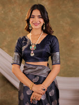 Dark Navy Blue Kanjivaram Banarasi Satin Silk Saree with Intricate Silver Zari Weaving, Royal Heritage Pallu & Tassel Detailing