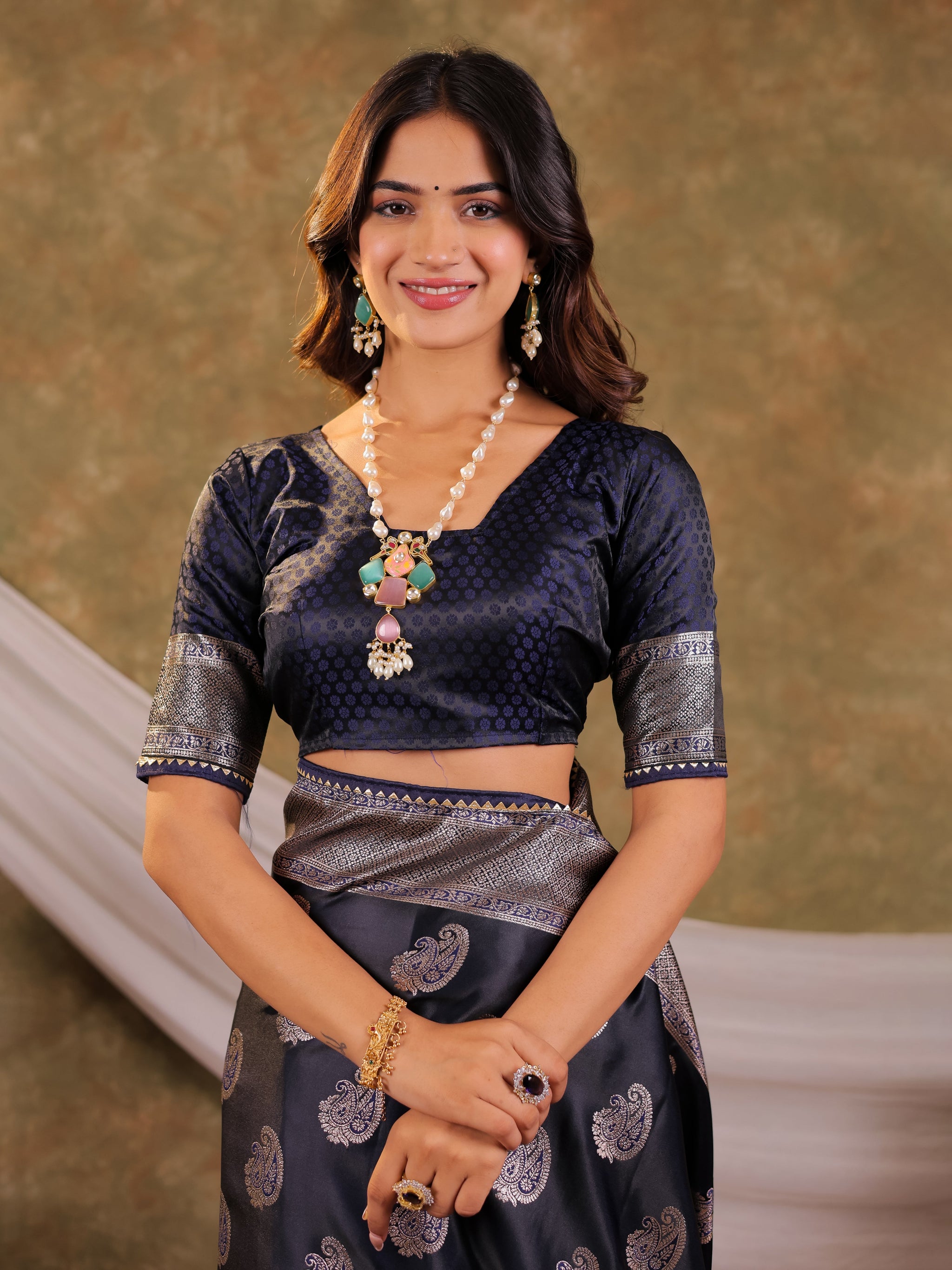 Dark Navy Blue Kanjivaram Banarasi Satin Silk Saree with Intricate Silver Zari Weaving, Royal Heritage Pallu & Tassel Detailing