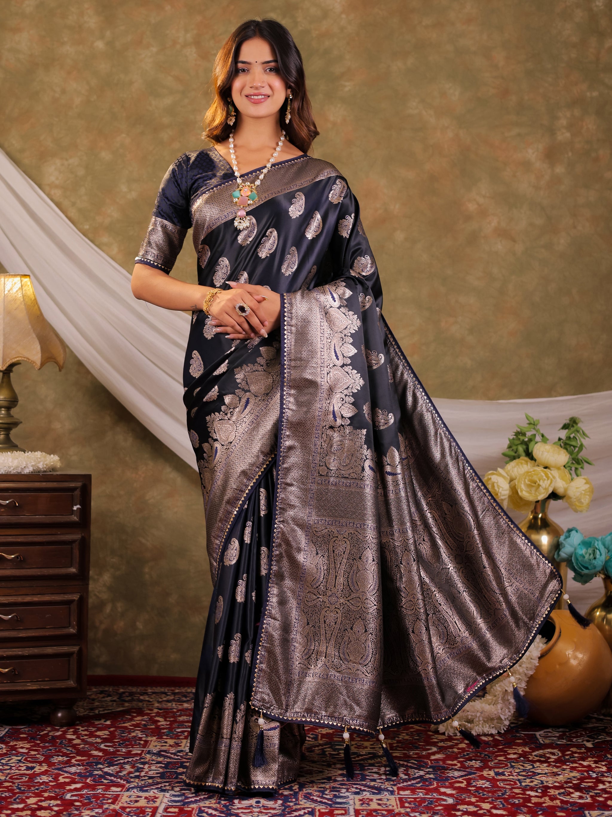 Dark Navy Blue Kanjivaram Banarasi Satin Silk Saree with Intricate Silver Zari Weaving, Royal Heritage Pallu & Tassel Detailing