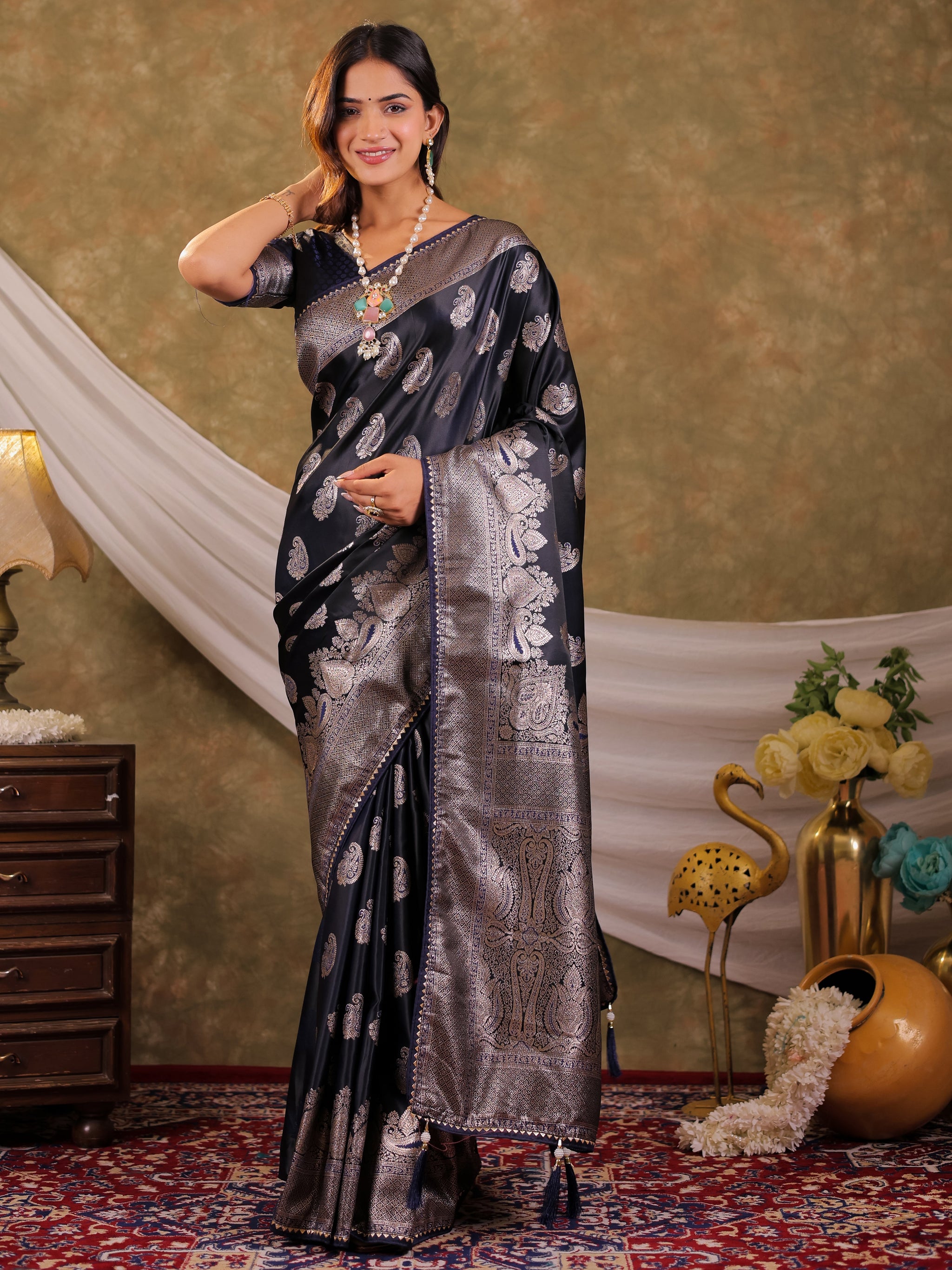 Dark Navy Blue Kanjivaram Banarasi Satin Silk Saree with Intricate Silver Zari Weaving, Royal Heritage Pallu & Tassel Detailing