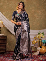Dark Navy Blue Kanjivaram Banarasi Satin Silk Saree with Intricate Silver Zari Weaving, Royal Heritage Pallu & Tassel Detailing
