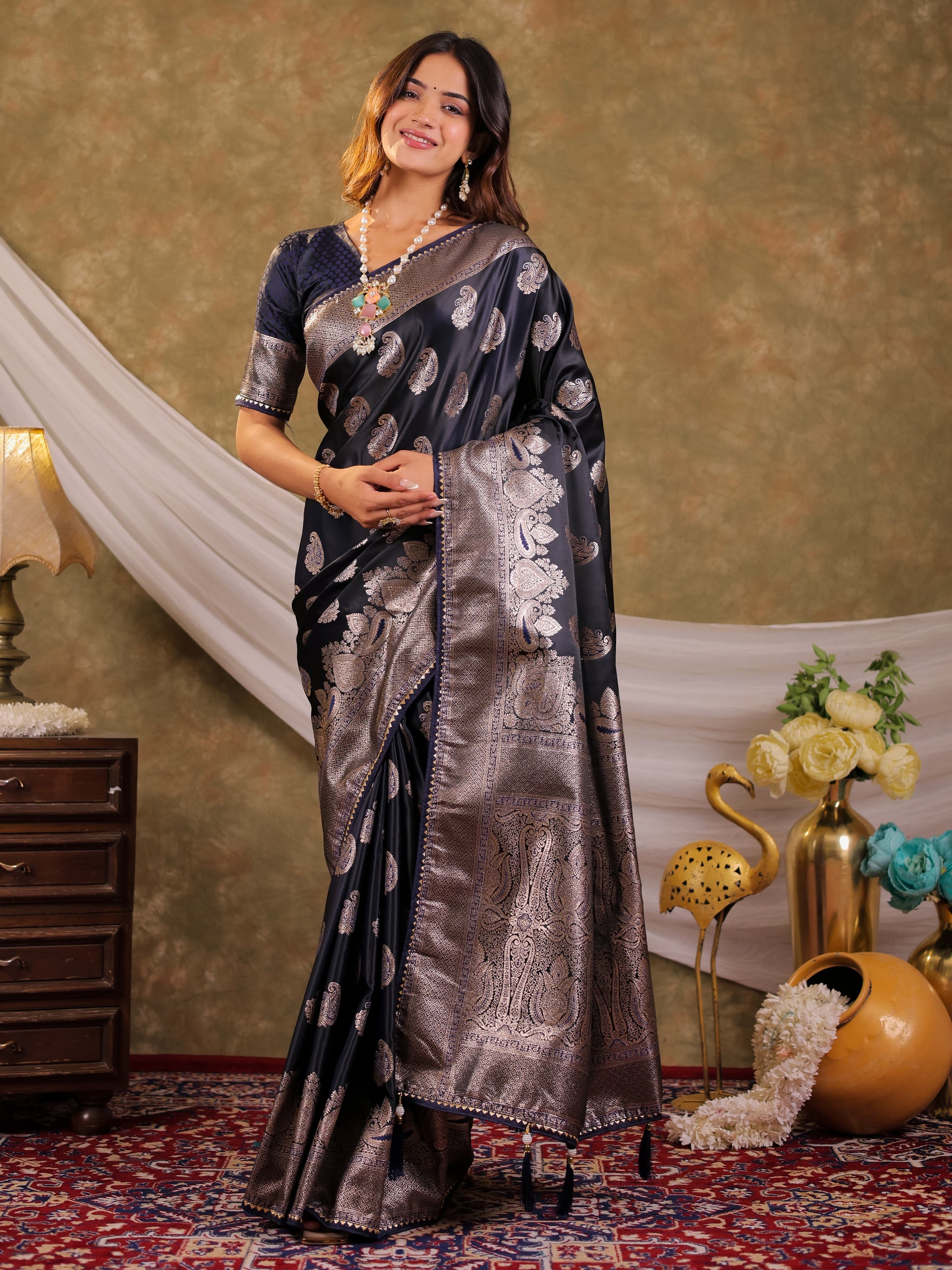 Dark Navy Blue Kanjivaram Banarasi Satin Silk Saree with Intricate Silver Zari Weaving, Royal Heritage Pallu & Tassel Detailing