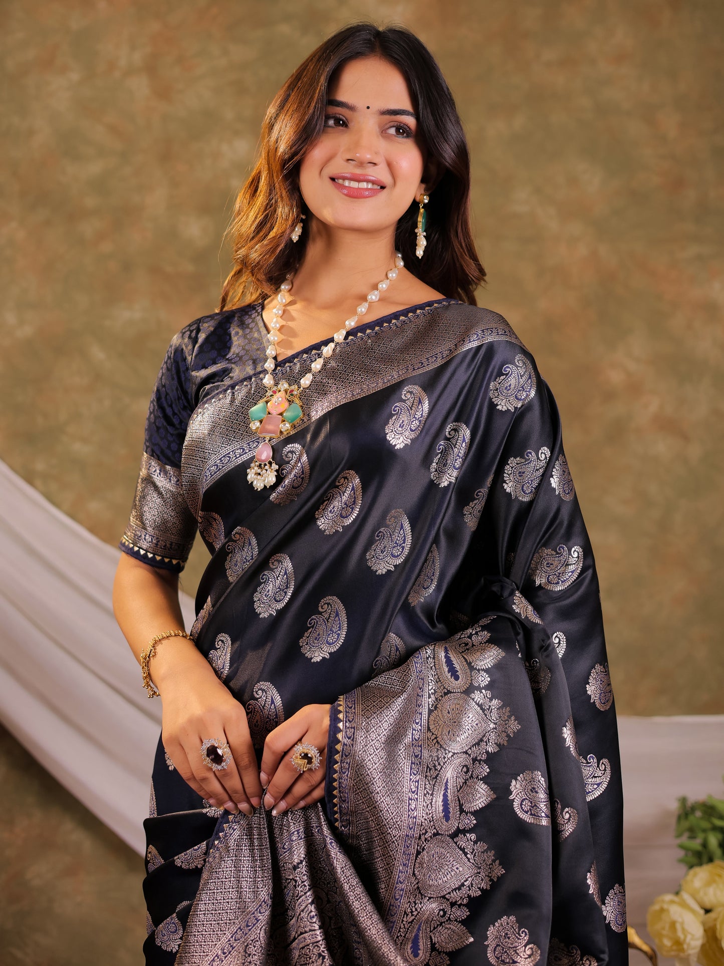 Dark Navy Blue Kanjivaram Banarasi Satin Silk Saree with Intricate Silver Zari Weaving, Royal Heritage Pallu & Tassel Detailing